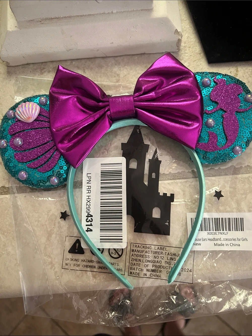 Disney Kids Sequin Teal Mermaid Ear Headband with Metallic Magenta Bow